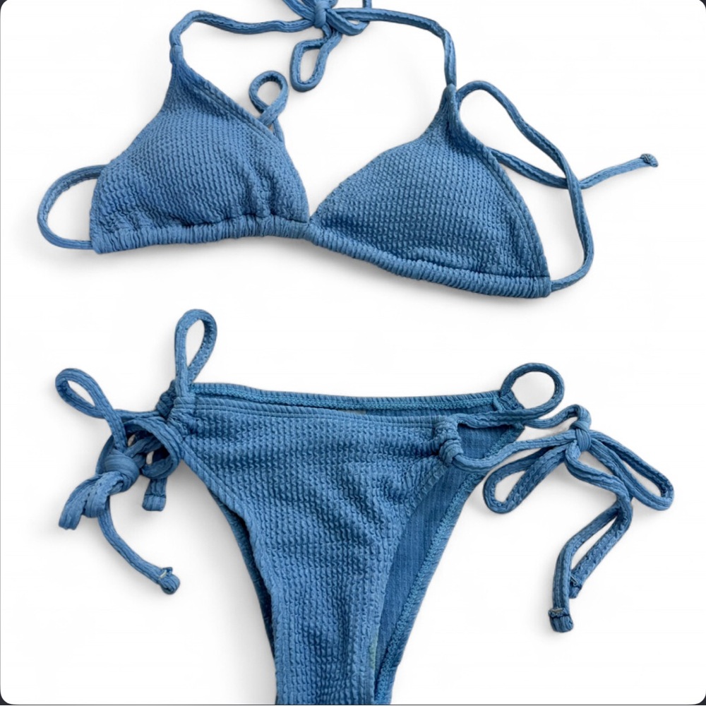 Blue Textured Tie-Side Bikini Set